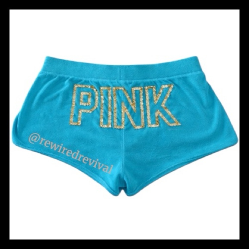 πVintage Victoria's Secret PINK 2012 Turquoise Velour Gold Sequin Short Set M/Sπ - Picture 7 of 8